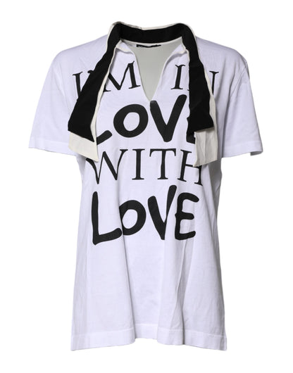 Dolce &amp; Gabbana – Weißes T-Shirt aus Baumwoll-Seiden-Mischgewebe mit Ascot-Kragen