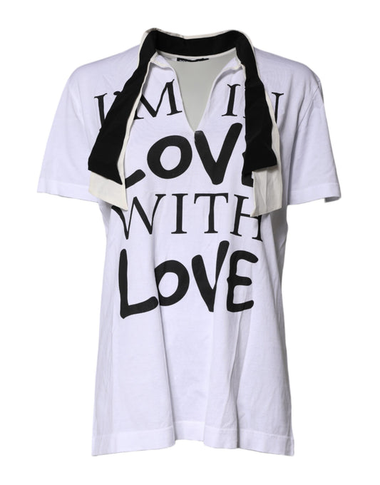 Dolce &amp; Gabbana – Weißes T-Shirt aus Baumwoll-Seiden-Mischgewebe mit Ascot-Kragen