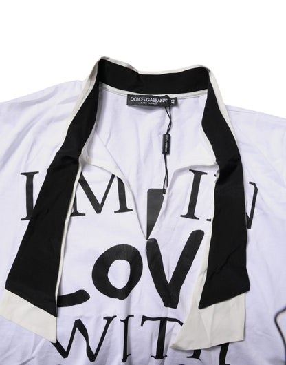 Dolce &amp; Gabbana – Weißes T-Shirt aus Baumwoll-Seiden-Mischgewebe mit Ascot-Kragen