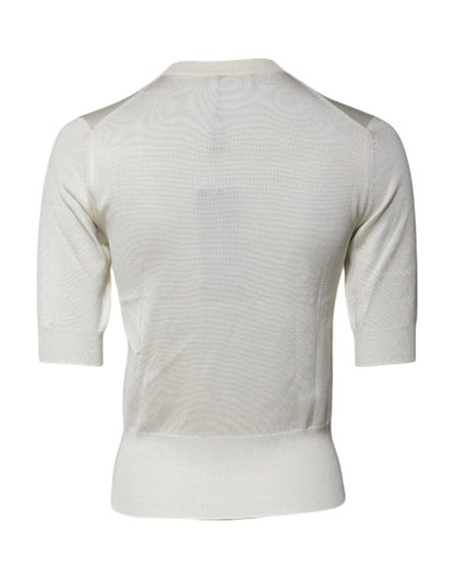 Dolce &amp; Gabbana Cremefarbenes, kurzärmliges Seidenblusen-Top mit Rundhalsausschnitt