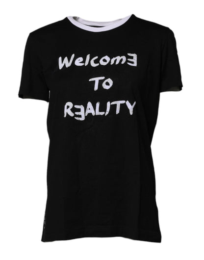 Dolce &amp; Gabbana Schwarzes bedrucktes Baumwoll-T-Shirt mit Rundhalsausschnitt