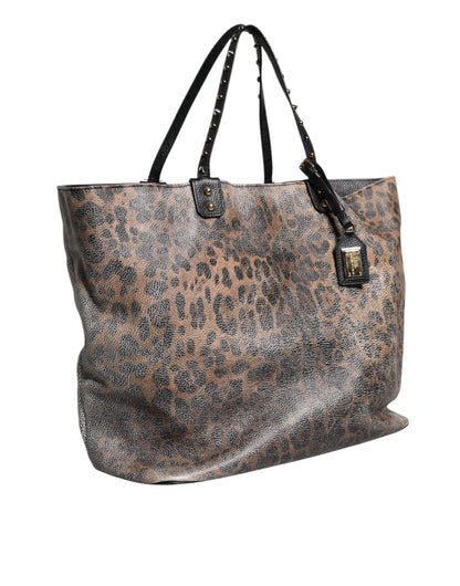 Dolce &amp; Gabbana Braune BEATRICE-Tragetasche aus Leder mit Logo-Plakette und Leopardenmuster