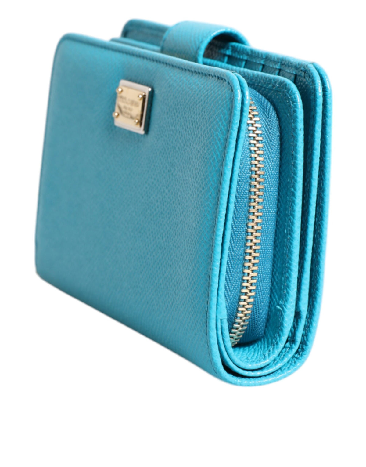 Dolce &amp; Gabbana Hellblaue, zweifach faltbare Clutch aus Leder im Kontinentalstil