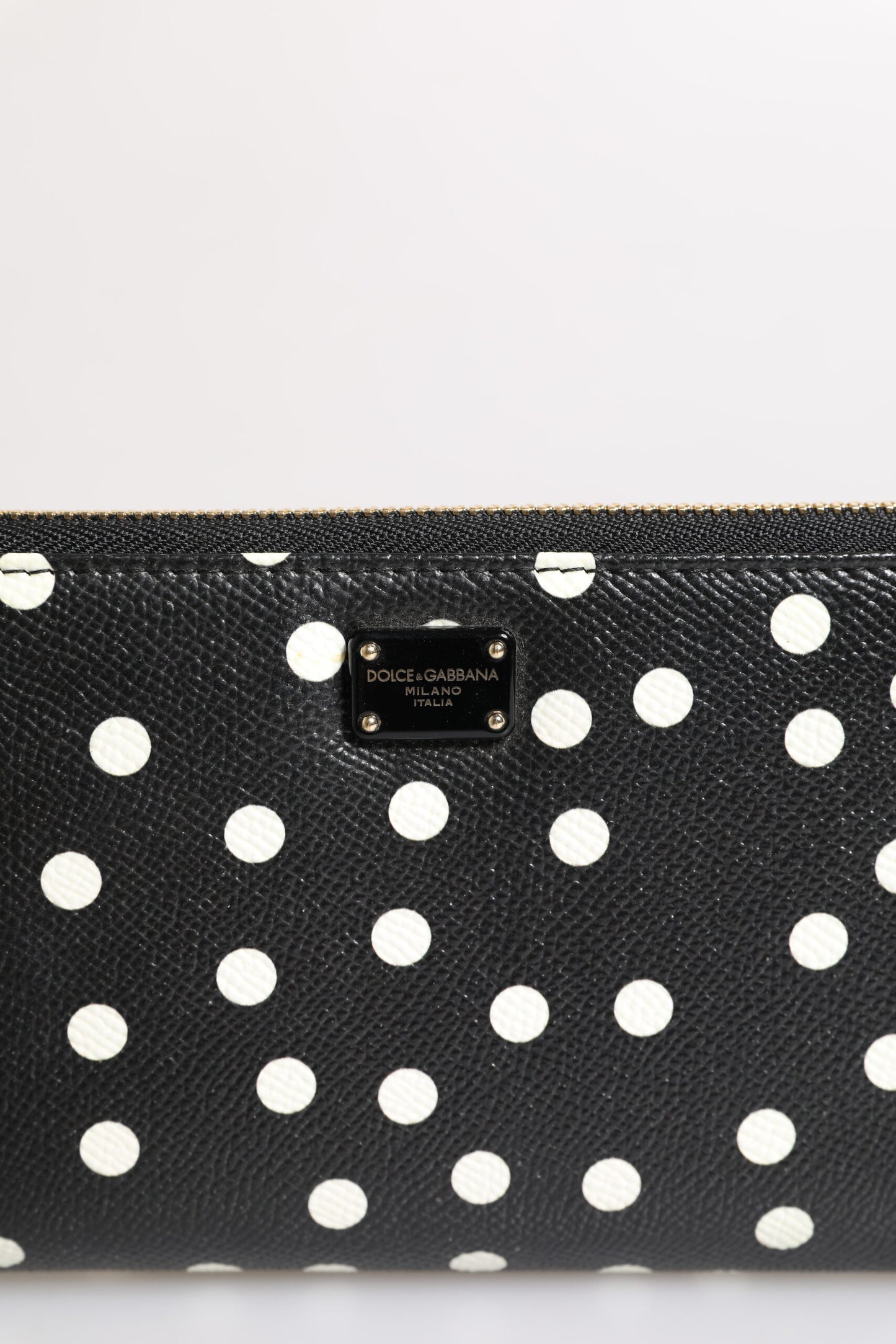 Dolce & Gabbana Black White Dotted Leather Zip Around Continental Wallet