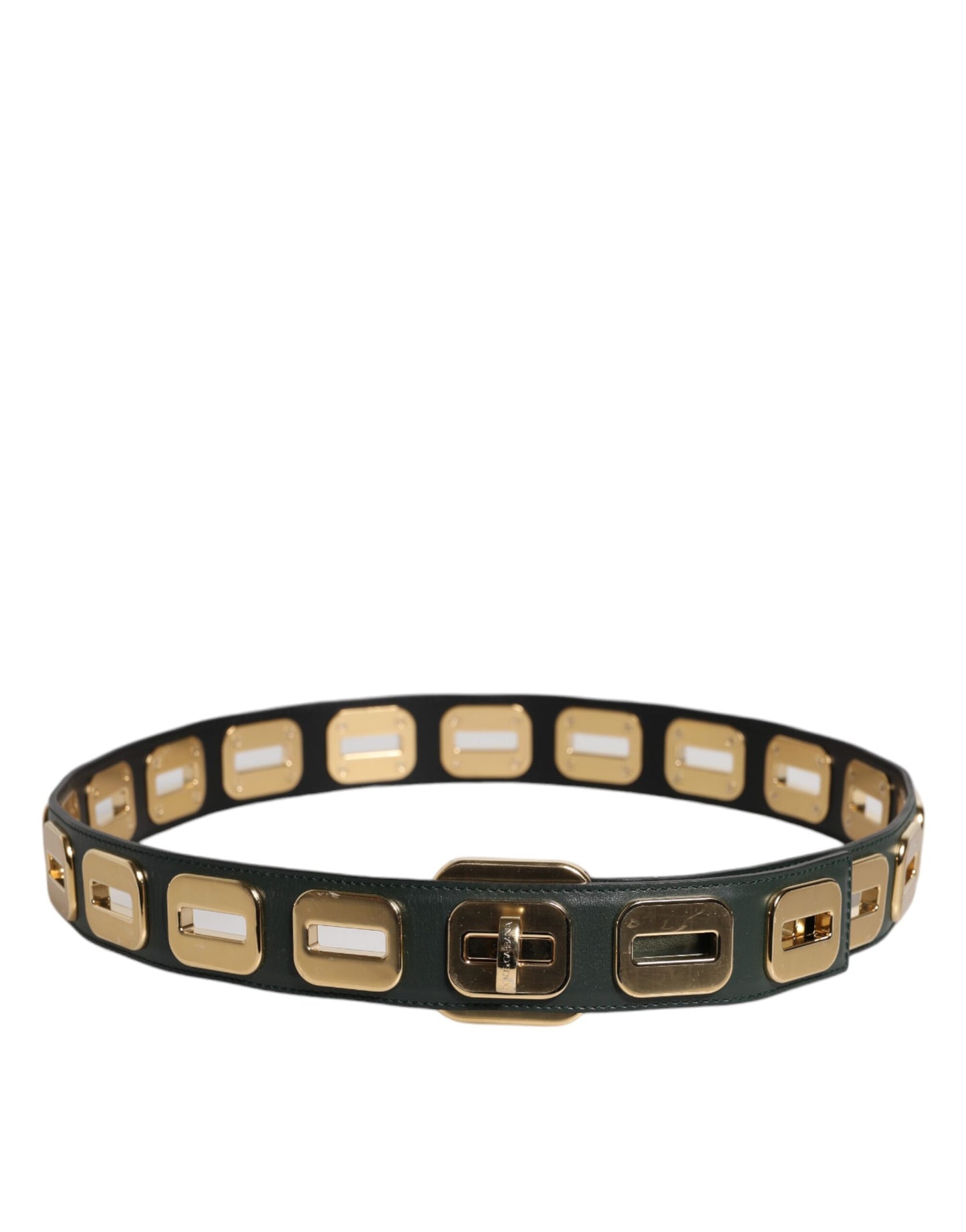 Dolce & Gabbana Green Leather Gold Tone Rotating Buckle Belt
