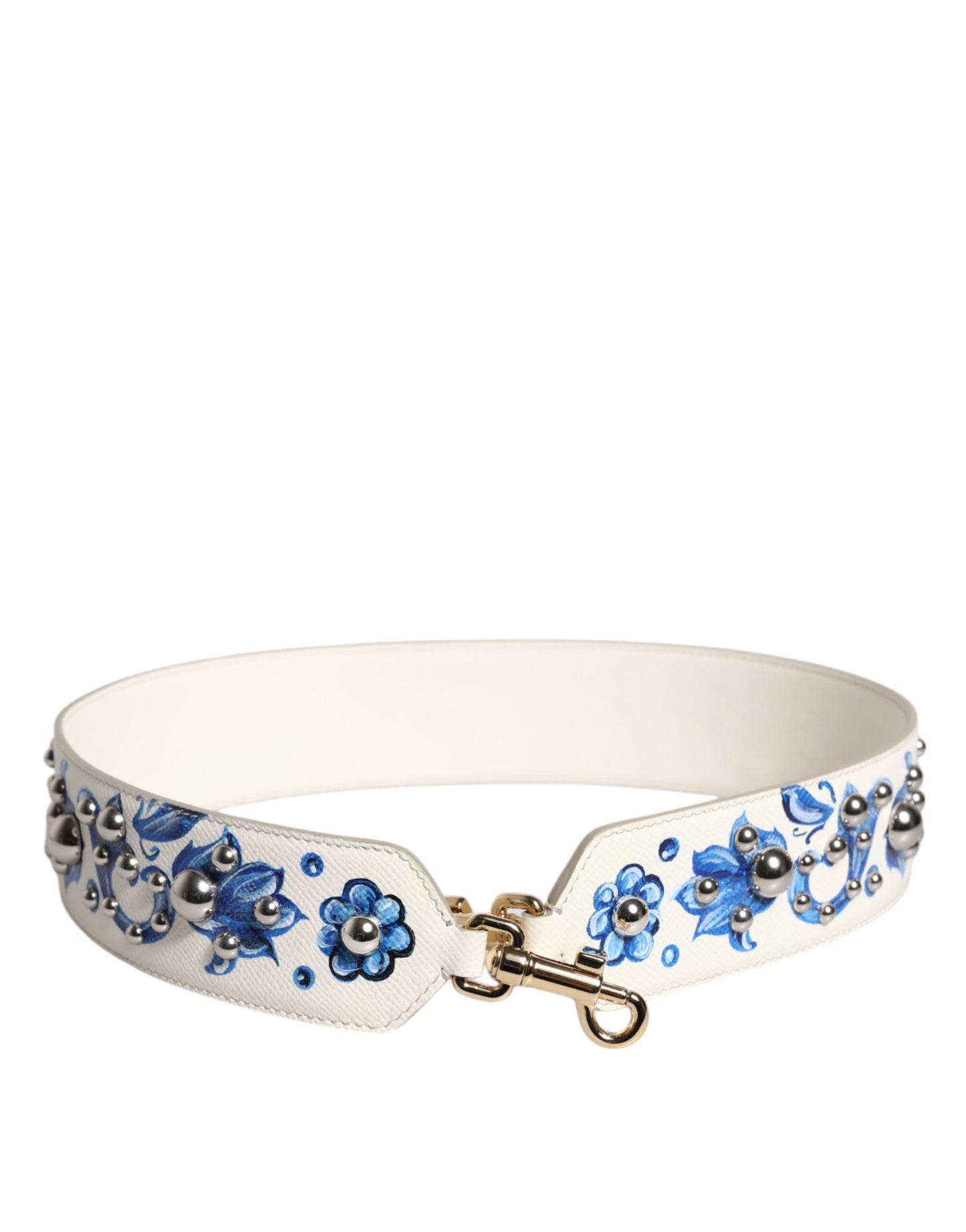 Dolce & Gabbana White Blue Floral Leather Stud Shoulder Strap