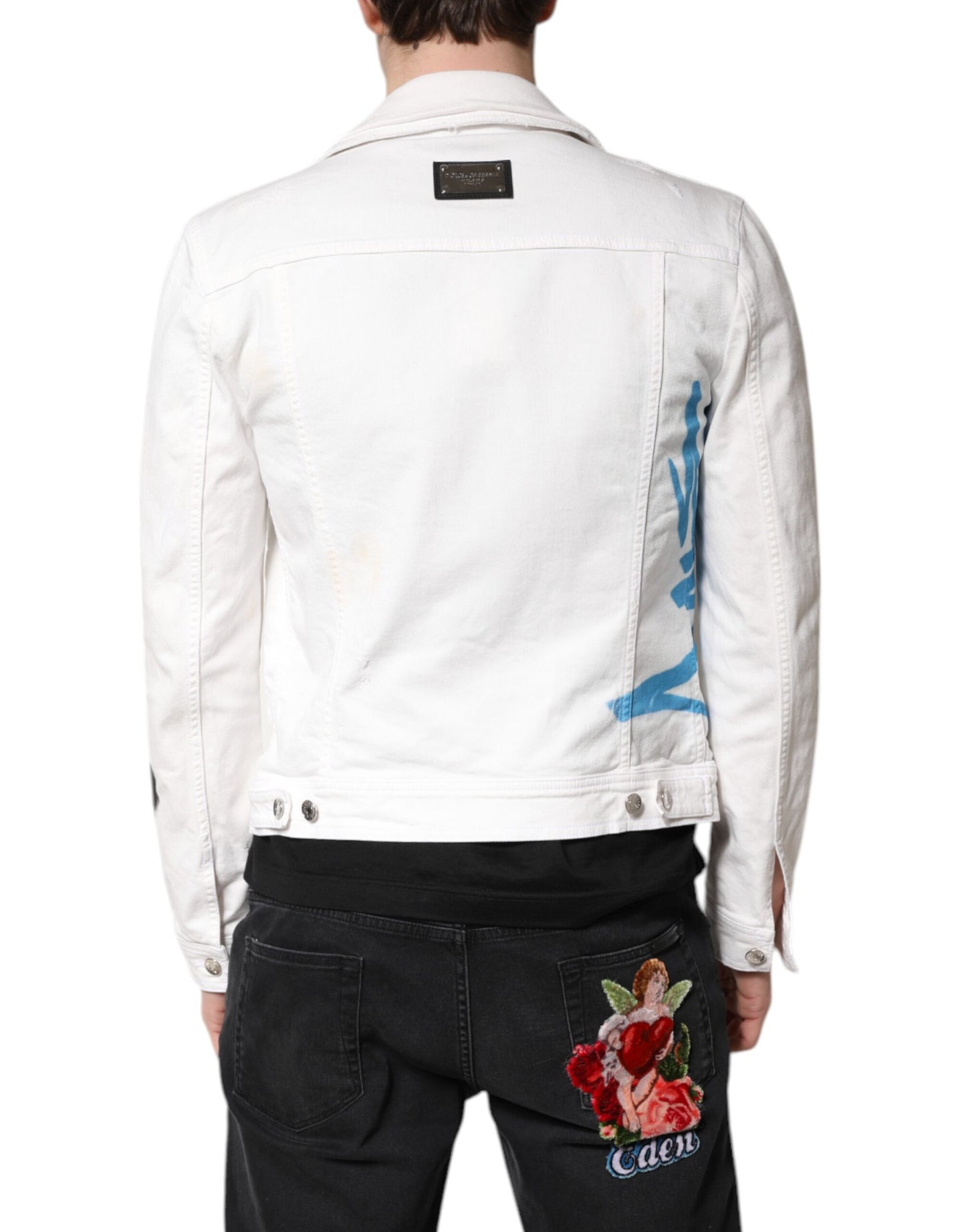 Dolce &amp; Gabbana – Weiße Jeansjacke aus Baumwollstretch mit Graffiti-Print