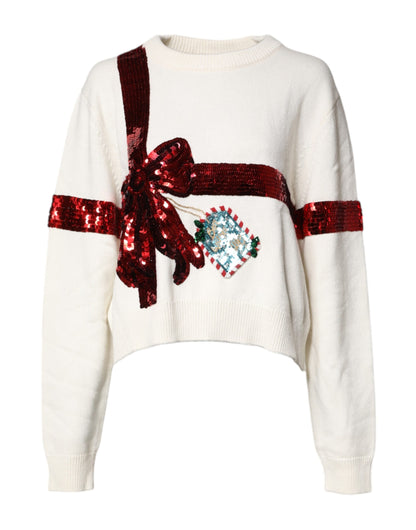 Dolce & Gabbana White Sequined Crew Neck Pullover Sweater