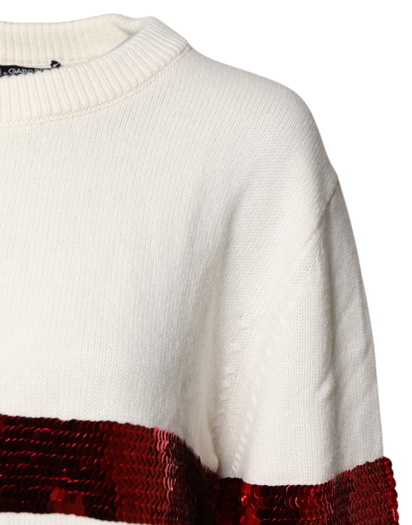 Dolce & Gabbana White Sequined Crew Neck Pullover Sweater