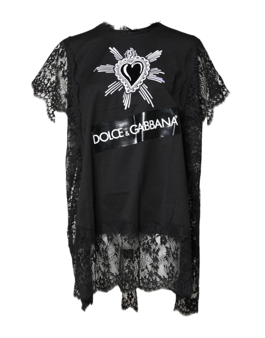 Dolce &amp; Gabbana – Schwarzes, transparentes Oberteil mit Rundhalsausschnitt und Herzmotiv aus Spitze