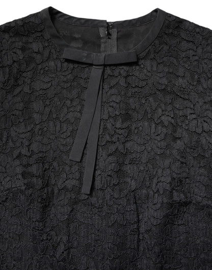 Dolce &amp; Gabbana – Schwarzes, langärmliges Spitzenoberteil „STAFF“ mit Rundhalsausschnitt