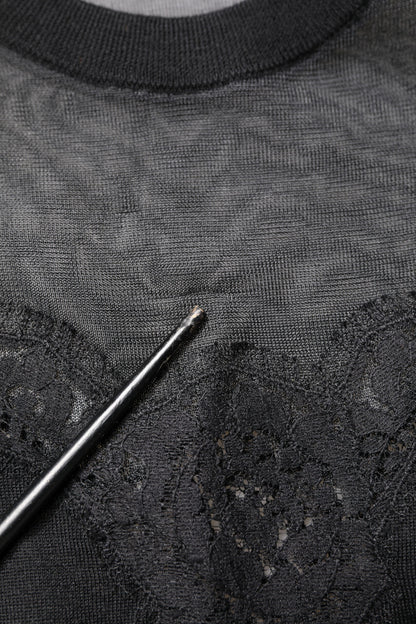 Dolce &amp; Gabbana – Ärmelloses Top mit Rundhalsausschnitt und transparenter Spitze in Schwarz