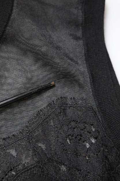 Dolce &amp; Gabbana – Ärmelloses Top mit Rundhalsausschnitt und transparenter Spitze in Schwarz