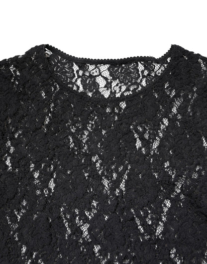 Dolce &amp; Gabbana – Schwarzes Pullover-Oberteil mit Blumenspitze und langen Ärmeln