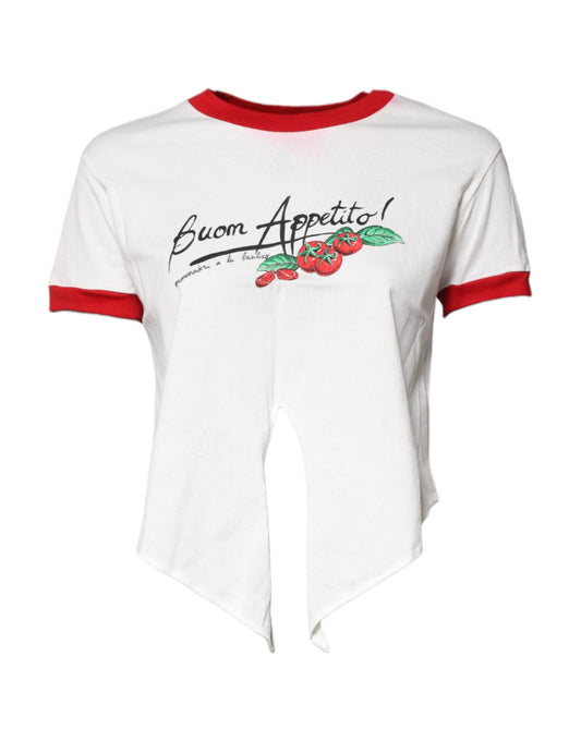 Dolce & Gabbana White Printed Round Neck Cropped Top T-shirt