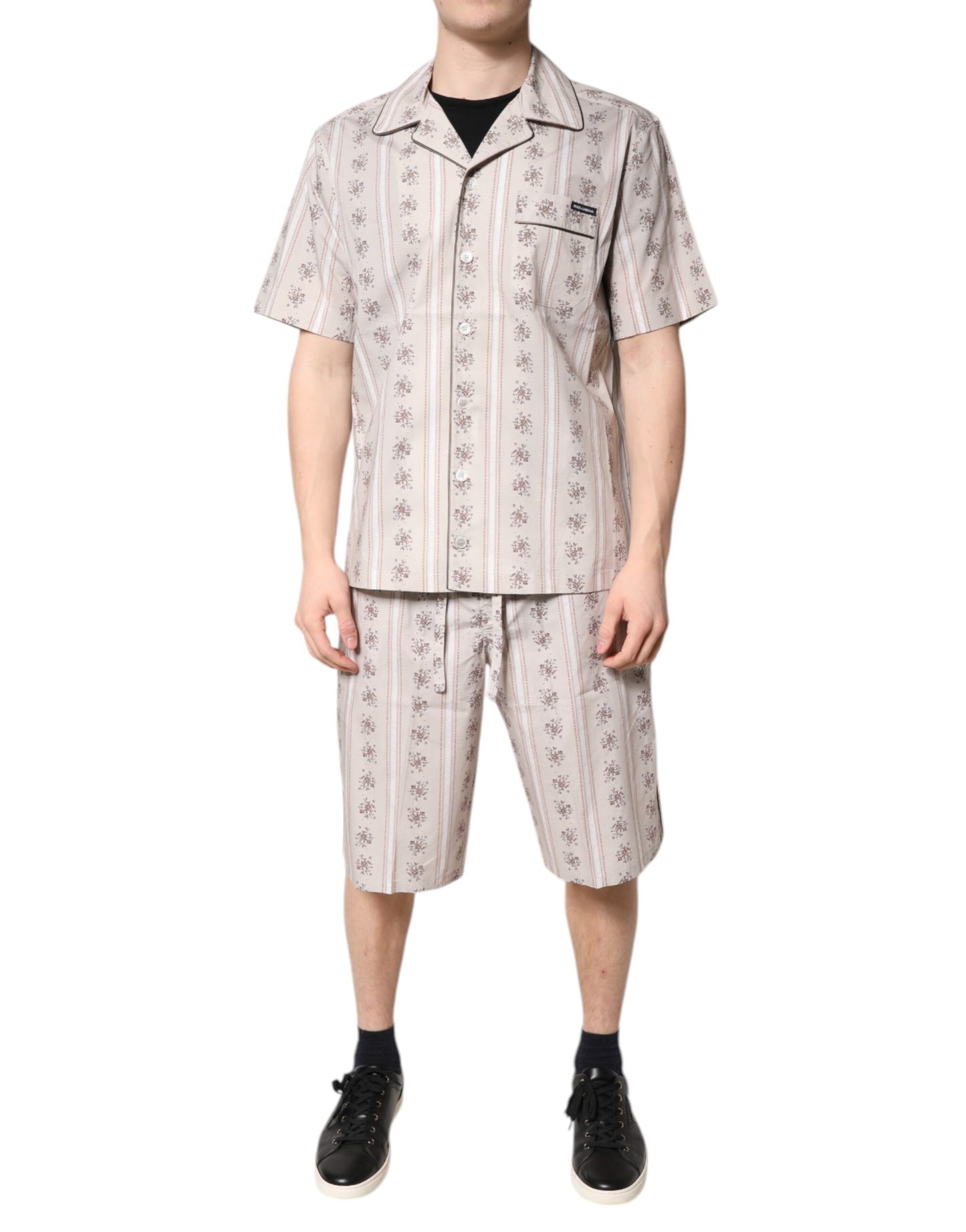 Dolce &amp; Gabbana Beige Blumendruck Baumwolle Herren Pyjama Set Nachtwäsche