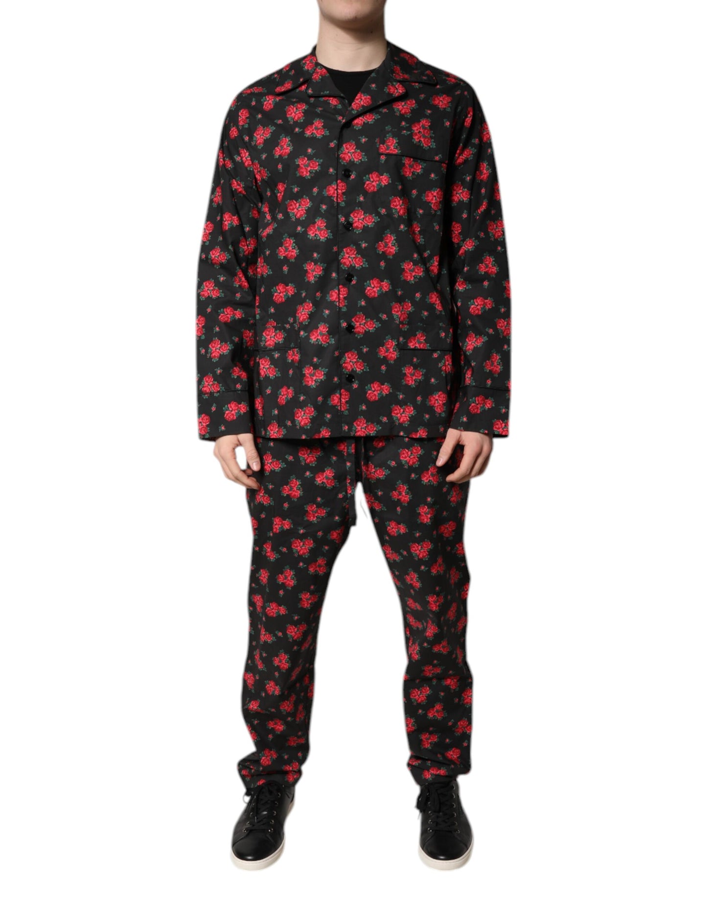 Dolce &amp; Gabbana – Schwarzer Pyjama aus Baumwolle mit Blumendruck für Herren
