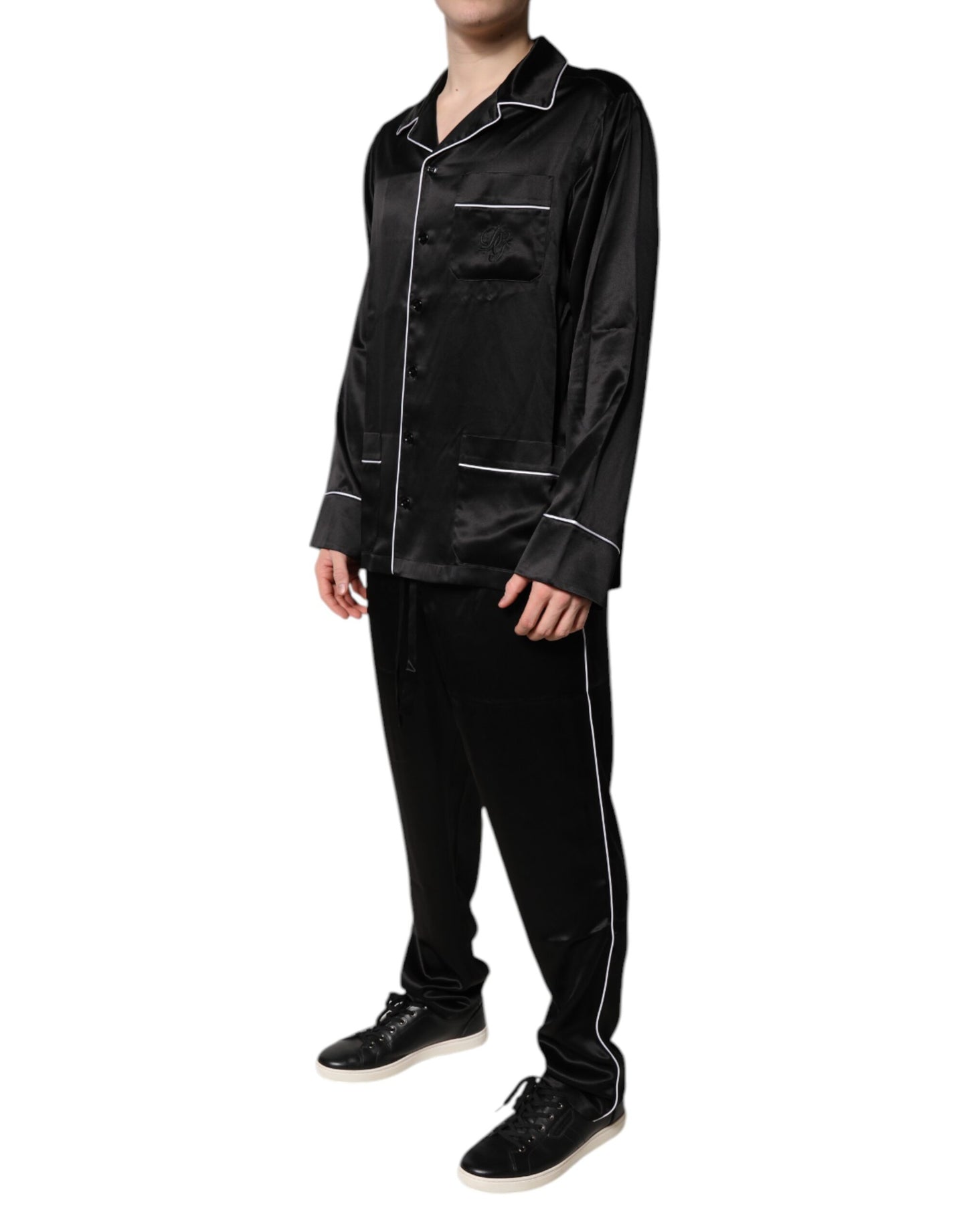 Dolce &amp; Gabbana – Pyjama-Set aus schwarzer Seide mit Hemd und Hose