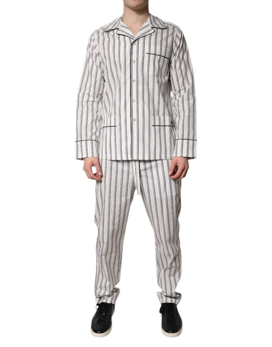 Dolce &amp; Gabbana Weiß Schwarz Streifen Baumwolle Männer Pyjama Set Nachtwäsche