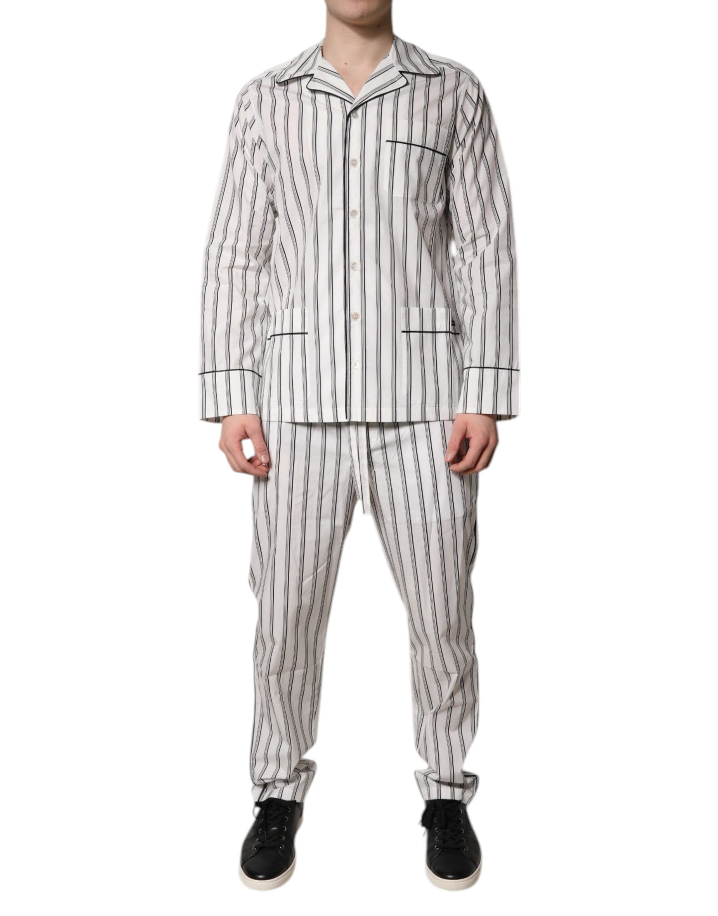 Dolce &amp; Gabbana Weiß Schwarz Streifen Baumwolle Männer Pyjama Set Nachtwäsche