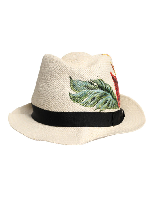 Dolce &amp; Gabbana – Beigefarbener Fedora-Hut aus Stroh mit Blumenmuster und breiter Krempe