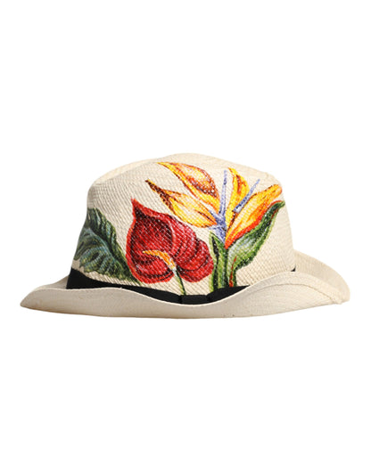 Dolce &amp; Gabbana – Beigefarbener Fedora-Hut aus Stroh mit Blumenmuster und breiter Krempe