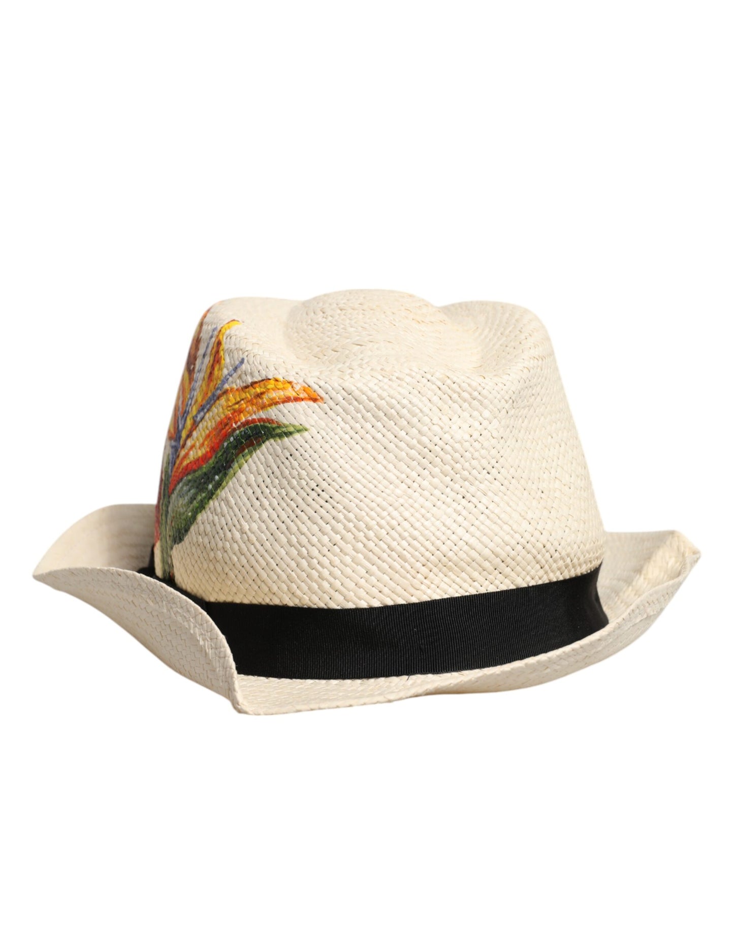 Dolce &amp; Gabbana – Beigefarbener Fedora-Hut aus Stroh mit Blumenmuster und breiter Krempe