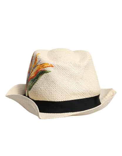 Dolce &amp; Gabbana – Beigefarbener Fedora-Hut aus Stroh mit Blumenmuster und breiter Krempe