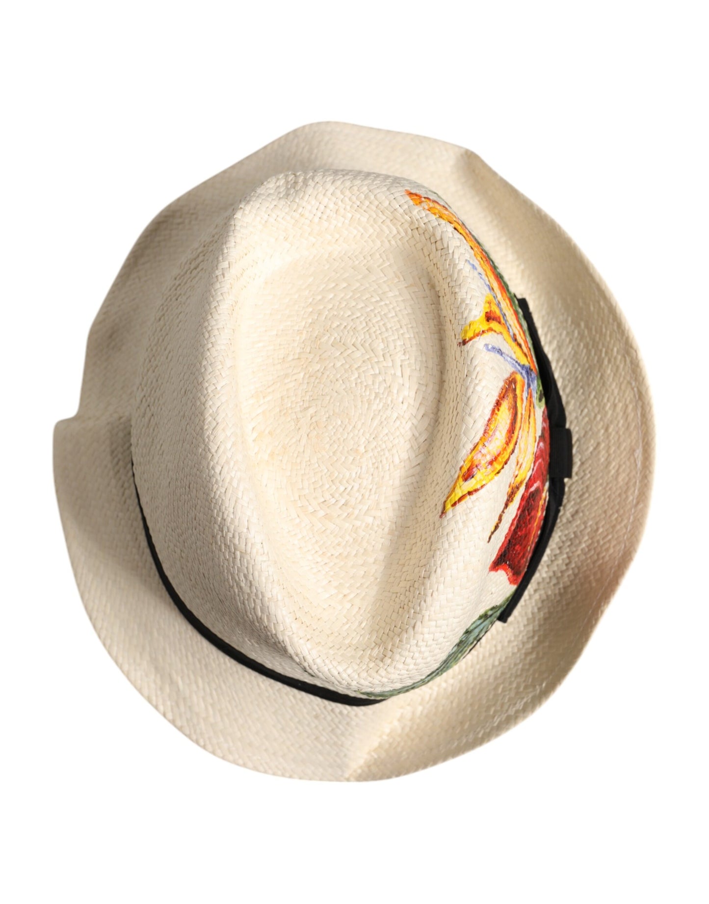 Dolce &amp; Gabbana – Beigefarbener Fedora-Hut aus Stroh mit Blumenmuster und breiter Krempe