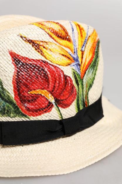 Dolce &amp; Gabbana – Beigefarbener Fedora-Hut aus Stroh mit Blumenmuster und breiter Krempe