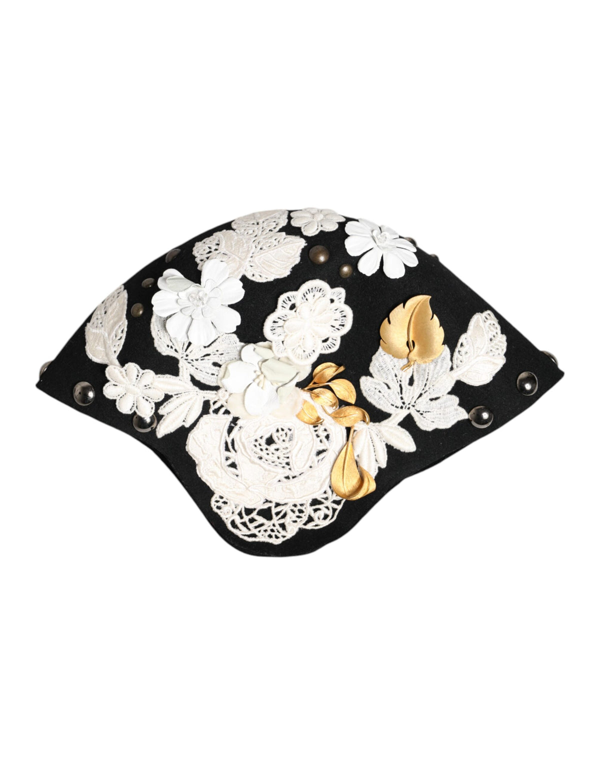 Dolce &amp; Gabbana Glockenhut aus schwarzer Wolle mit weißem Blumenmuster und Blattgold