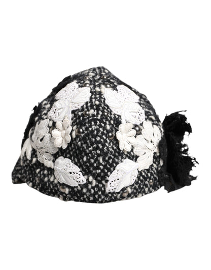 Dolce & Gabbana Black Wool White Floral Embellished Cloche Hat