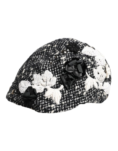 Dolce & Gabbana Black Wool White Floral Embellished Cloche Hat