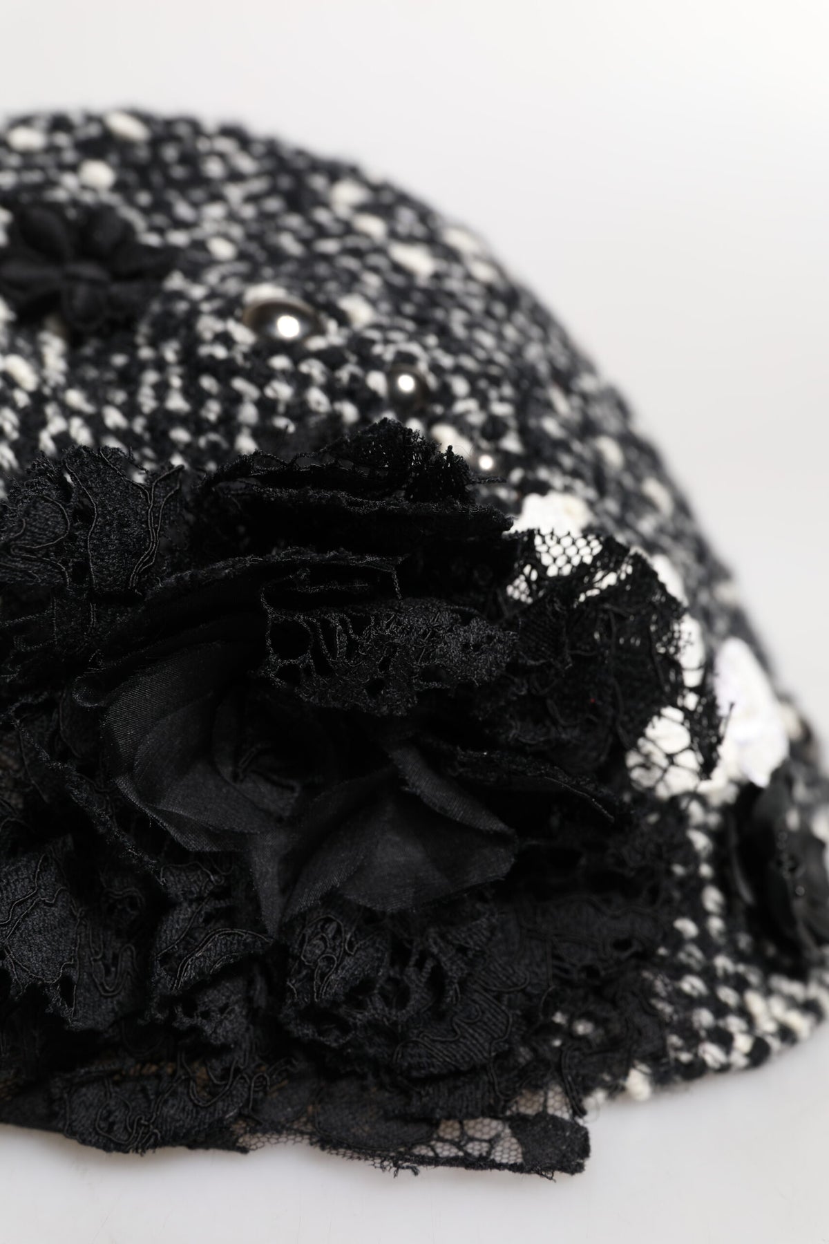 Dolce & Gabbana Black Wool White Floral Embellished Cloche Hat