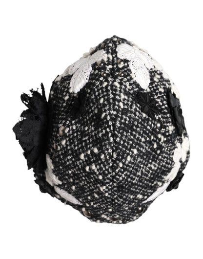 Dolce & Gabbana Black Wool White Floral Embellished Cloche Hat
