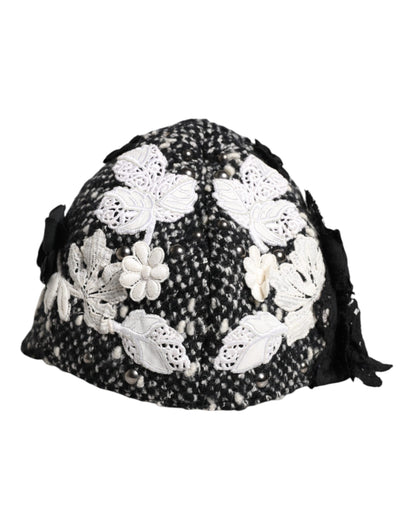 Dolce & Gabbana Black Wool White Floral Embellished Cloche Hat