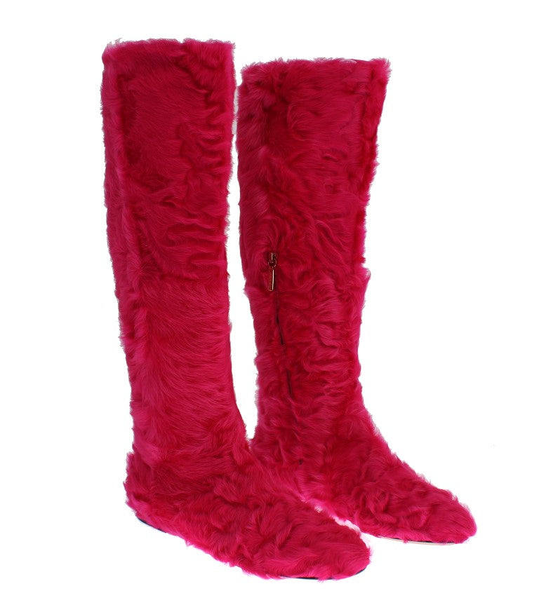 Dolce &amp; Gabbana, Rosa, flache Stiefel aus Lammfellleder