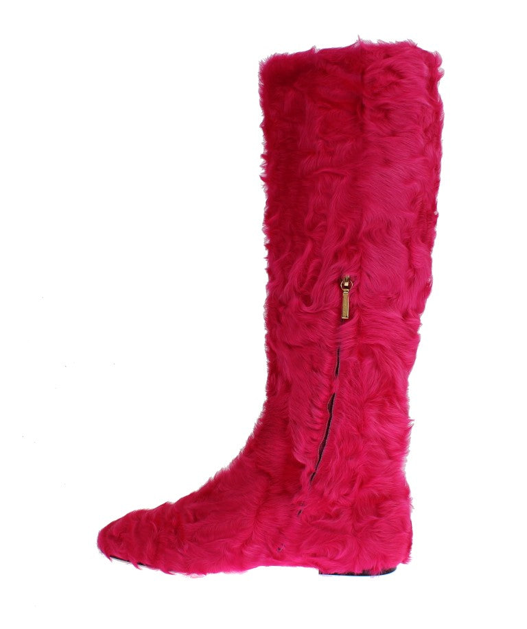 Dolce &amp; Gabbana, Rosa, flache Stiefel aus Lammfellleder