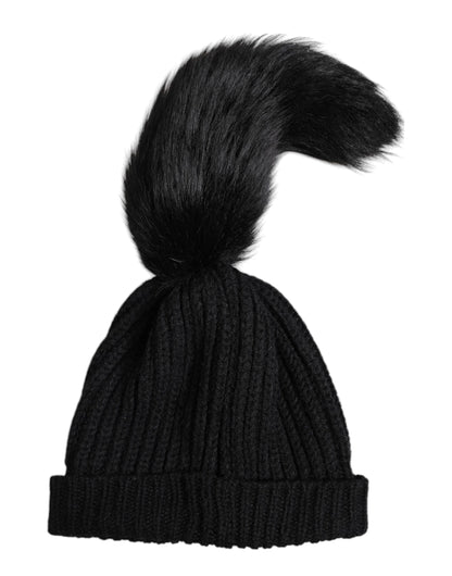 Dolce & Gabbana Black Acrylic Knitted Fur Winter Beanie Hat