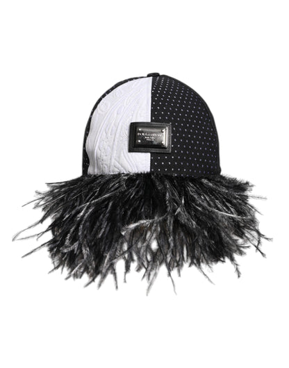 Dolce & Gabbana White Black Polka Dot Feathers Baseball Cap