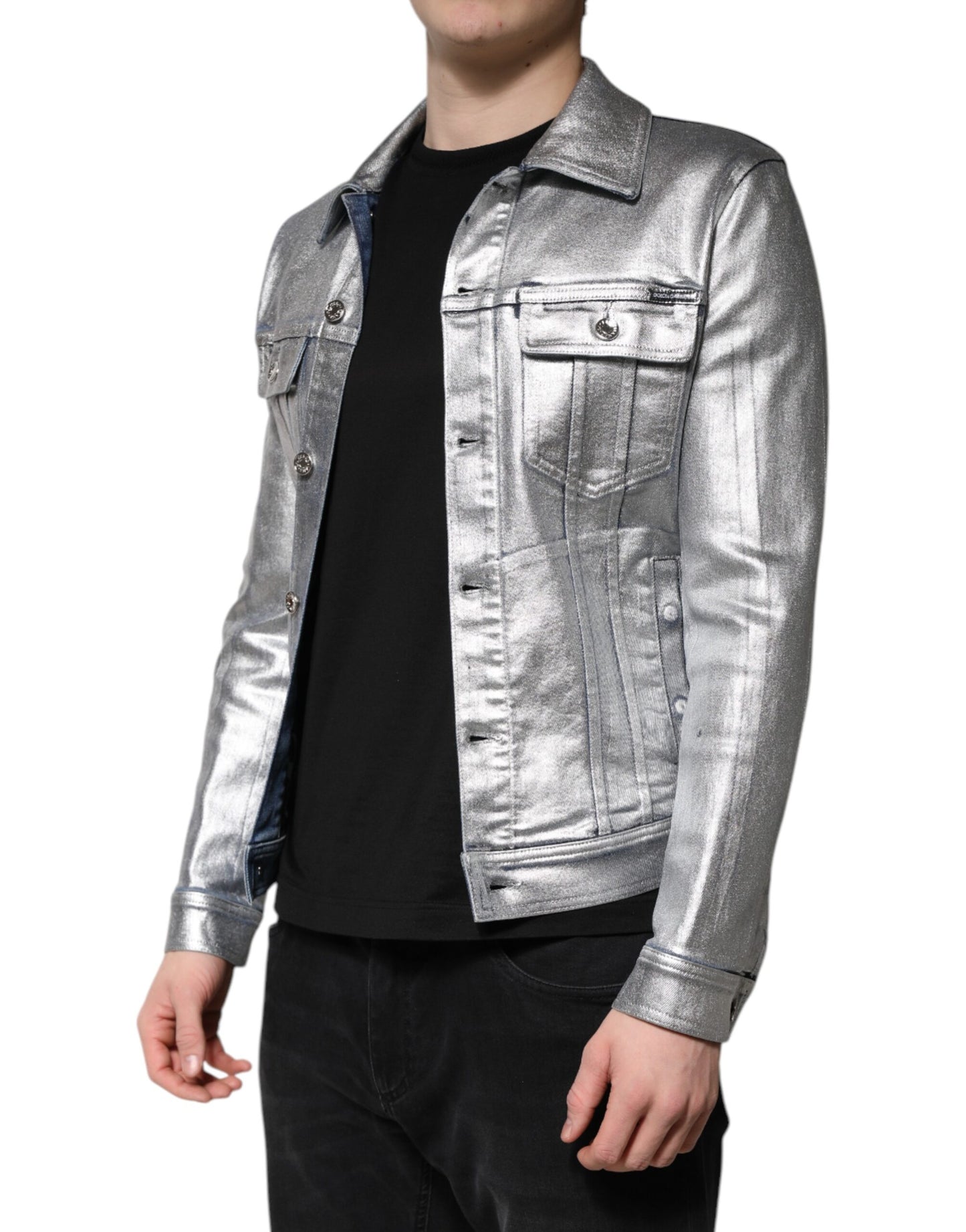 Dolce & Gabbana Silver Cotton Button Down Denim Biker Jacket