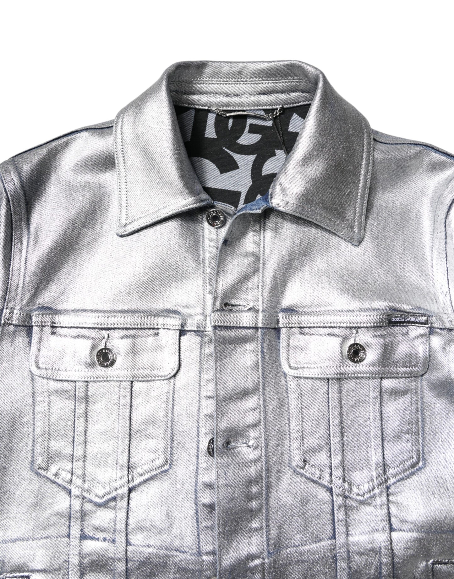 Dolce & Gabbana Silver Cotton Button Down Denim Biker Jacket