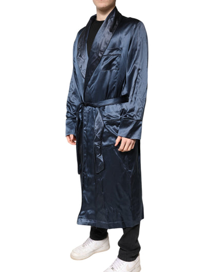 Dolce &amp; Gabbana Blaue, einfarbige Seiden-Wickelrobe für Herren