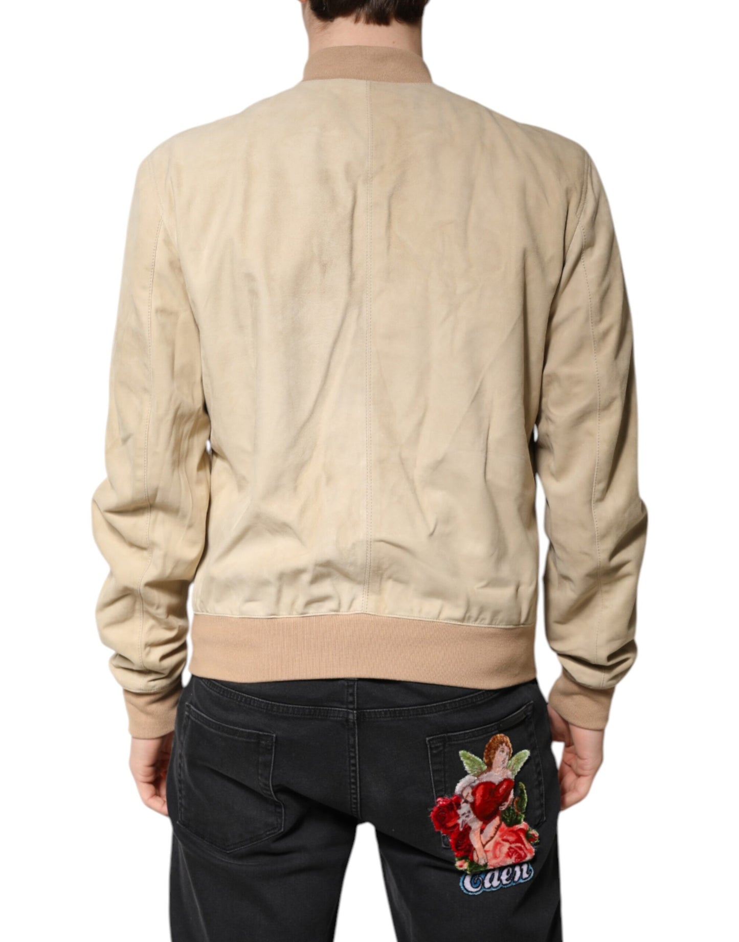 Dolce &amp; Gabbana Beige Lammfell Full Zip Herren Bomberjacke