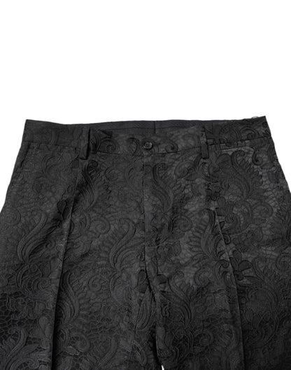 Dolce &amp; Gabbana – Schwarze Anzughose aus Jacquard mit Blumenmuster und mittlerer Taille
