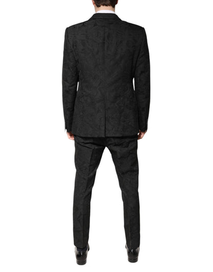 Dolce &amp; Gabbana – Schwarzer, zweiteiliger Anzug aus Polyester-Jacquard mit Blumenmuster
