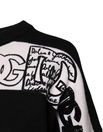 Dolce &amp; Gabbana – Schwarz-weißer Wollpullover mit Logo-Print