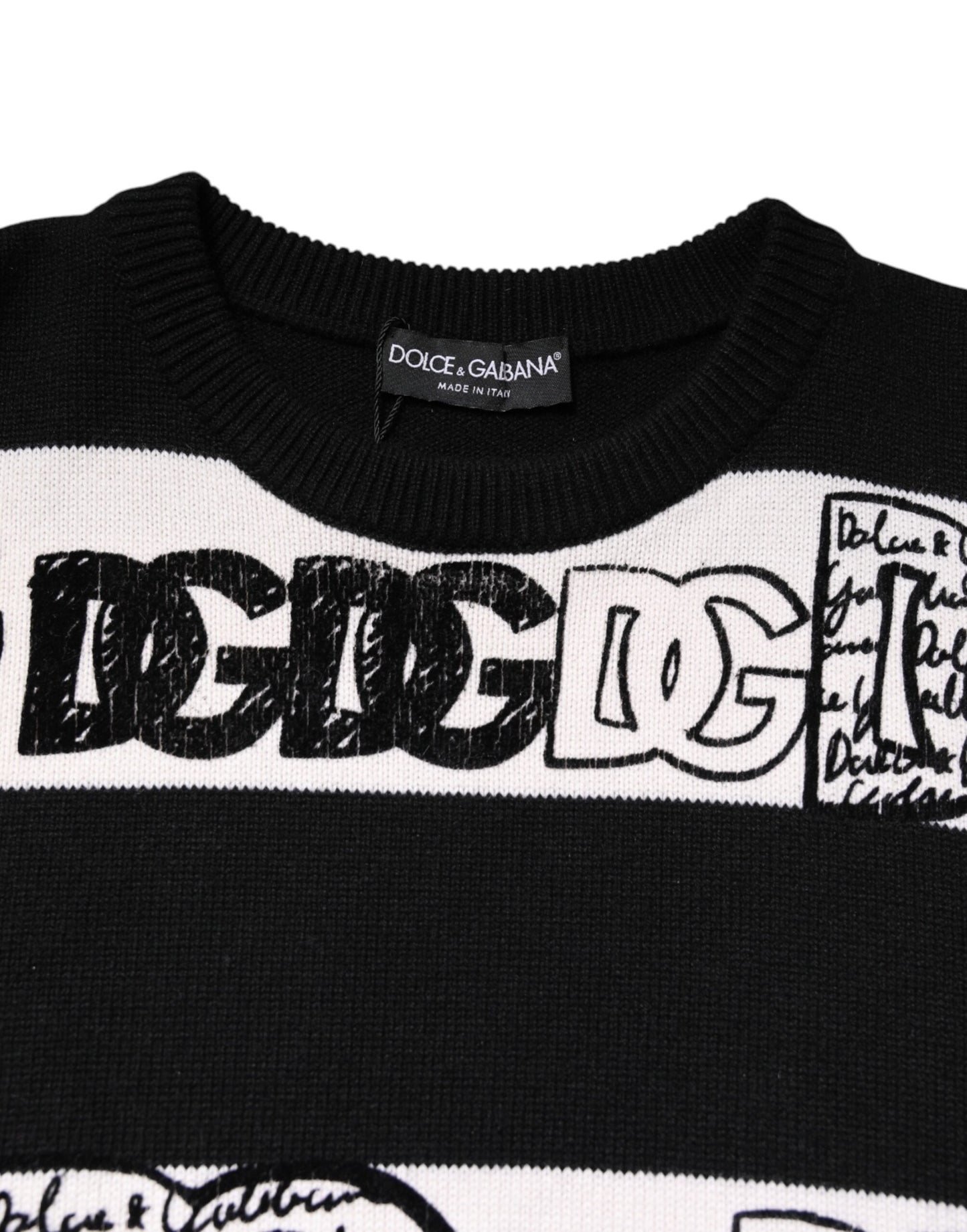 Dolce &amp; Gabbana – Schwarz-weißer Wollpullover mit Logo-Print
