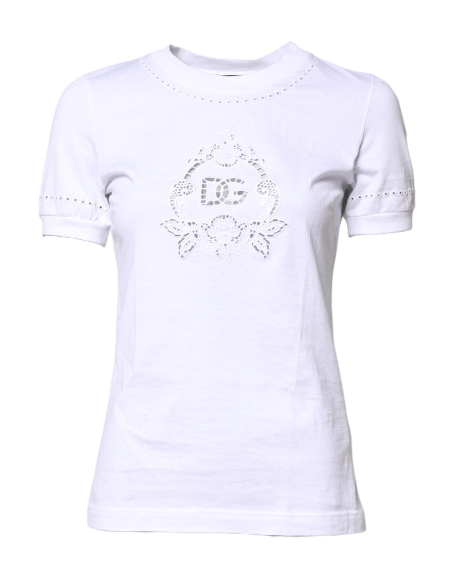 Dolce &amp; Gabbana – Weißes Baumwoll-T-Shirt mit Blumenlogo und Rundhalsausschnitt