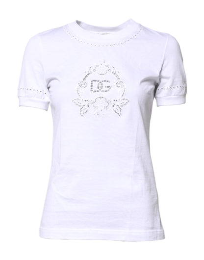 Dolce &amp; Gabbana – Weißes Baumwoll-T-Shirt mit Blumenlogo und Rundhalsausschnitt
